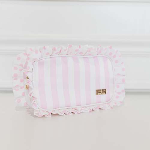 Pink Polka Stripe Ruffled Nylon Medium Pouch