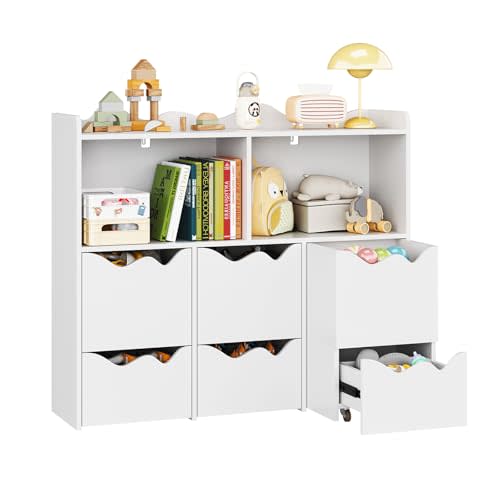 34.5" W Toy Storage Organizer, Bookshelf with 1 Display Shelf & 2 Open Cubbies & 3 Movable Cabinets & 3 Drawers, Bookshelf with Toy Storage Cabinet for Playroom Storage(White)