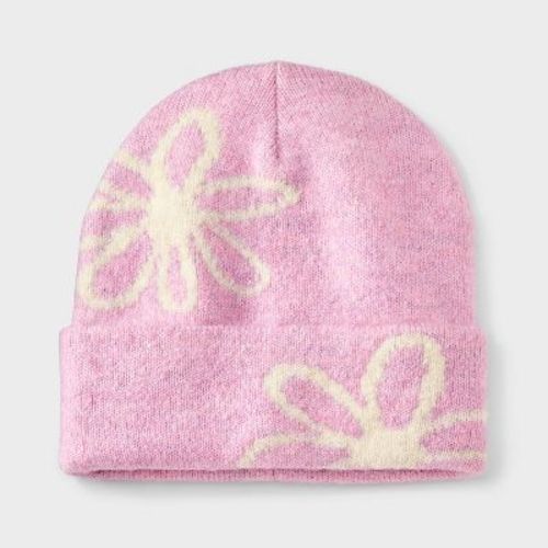 Girls' Knitted Floral Beanie Hat - Cat & Jack™ Purple/White