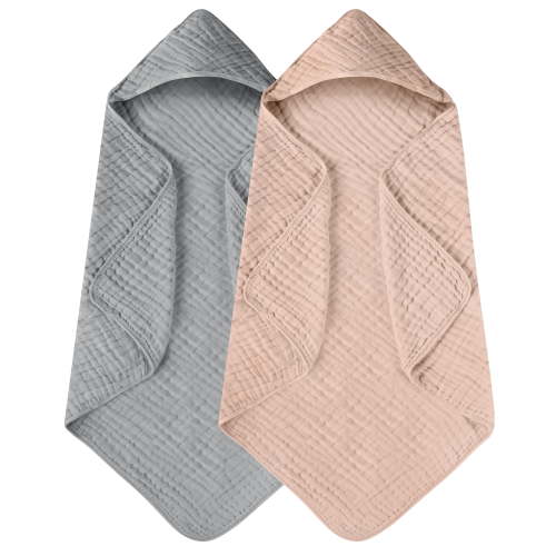 Yoofoss Hooded Baby Towels for Newborn 2 Pack 100% Muslin Organic Cotton Baby Bath Towel with Hood for Babies, Infant, Toddler and Kids, 32x32Inch, Soft and Absorbent Newborn Essential