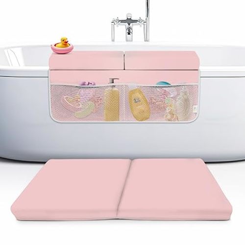 Memory Foam Bath Kneeler and Elbow Rest Pad Set, 2-Inch Thick, Water-Resistant Mat – Baby Bath Time Essentials Cushion and Bath Kneeling Pad for Bathing Baby with Bathtub Toy Organizer (Pink)