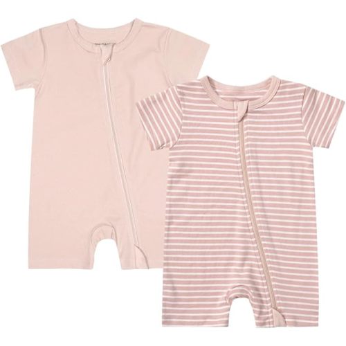 Teach Leanbh Unisex Baby 2 Pack Pajamas Cotton Short Sleeve 2 Way Zipper Stripe Soild Romper Jumpsuit Sleep and Play