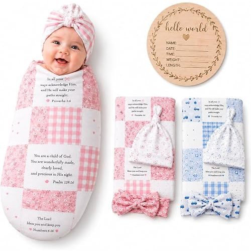 Bible Verse Baby Swaddle Blanket Set with Hat Headband – Scripture Patchwork Quilt Receiving Blanket for Newborn Girl Boy – Christian Baptism Christening