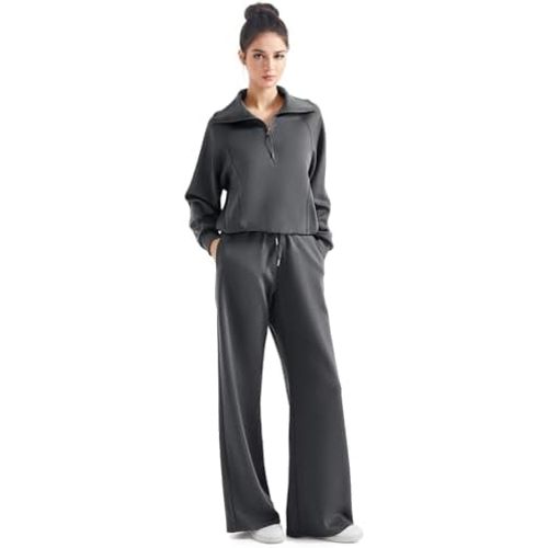 SUUKSESS Women 2 Piece Lounge Matching Set Wide Leg Sweatpant Half Zip Sweatshirt