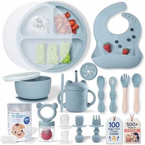Remonda 23-Piece BPA-Free Silicone Baby Feeding Set | Extra Large Suction Plates, Toddler Bowls, Self Feeding Spoons, and More | Dishwasher Safe| Baby Led Weaning Supplies (Blue) A1