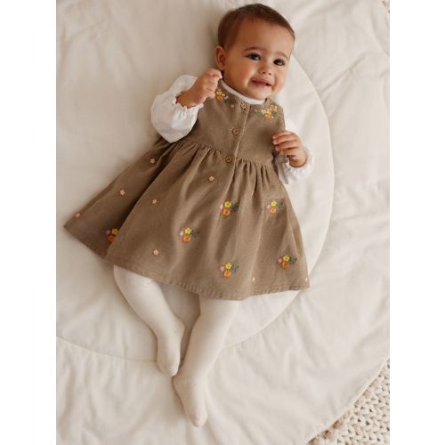 Olive Green Embroidered Baby Cord Pinafore Long Sleeve Bodysuit & Tights Set (0mths-2yrs)