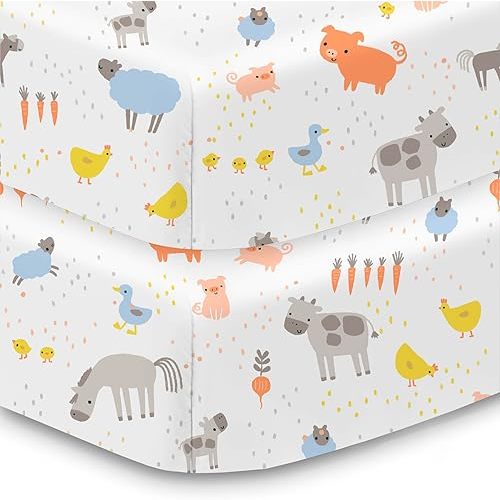 BreathableBaby Cotton Percale Fitted Sheet, for 52" x 28"/132 x 71 cm Crib & Toddler Bed Mattress, Farm (2-Pack)