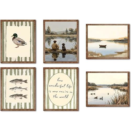ZYANGZY Vintage Fishing Poster Set of 6, Retro Mallard Duck Wall Art Painting Rustic Nursery Wall Decor Dog and Boy Canvas Picture Prints for Farmhouse Bedroom Living Room 8x10 inch Unframed