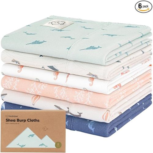 Organic Burp Cloths Baby Boy, Girl - 6-Pack Large 100% Cotton Burping Cloths for Babies, Spit Up Rags, Super Absorbent, Ultra Soft Newborn Rag, Gender Neutral, Machine Washable, Durable (Marine Muse)