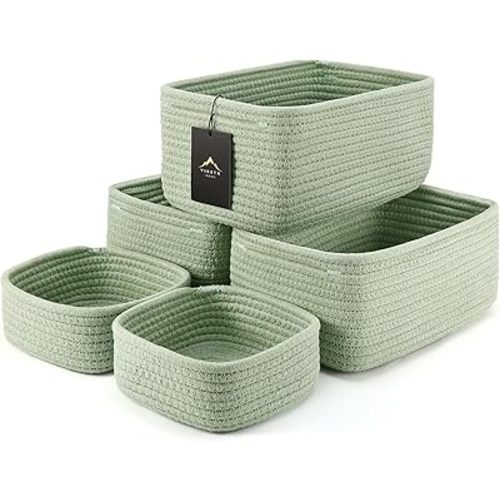 5-Pack Small Woven Rope Storage Baskets – 2 Sizes Organizer Bins for Closet, Shelf, Bookshelf, Nursery, Changing Table, Fabric Cube Boxes, Rectangular Shallow Bins for Bathroom, Toy & Home