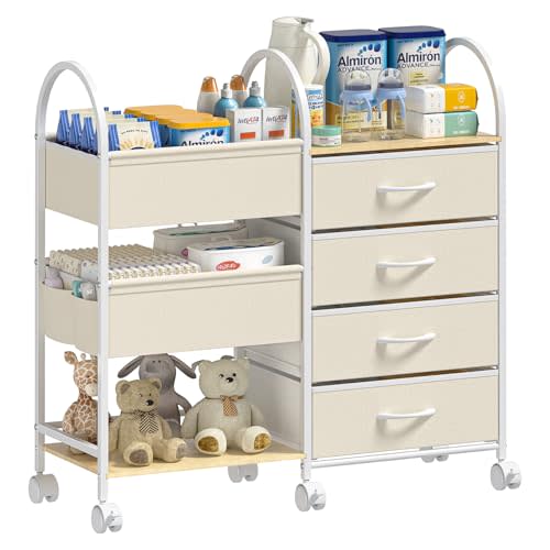 Baby Organizer and Storage Cart, 4-Tier Rolling Utility Cart with Wheels, Dividers and Drawers, Easy to Assemble for Nursery, Bedroom & Changing Table, White