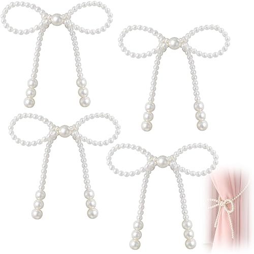 4 Set of Bow Curtain Tiebacks, Pearl Bow Curtain Holders, Elegant Window Treatment Accessories for Living Room and Bedroom, Adjustable Fabric Tiebacks with Pearl Accents