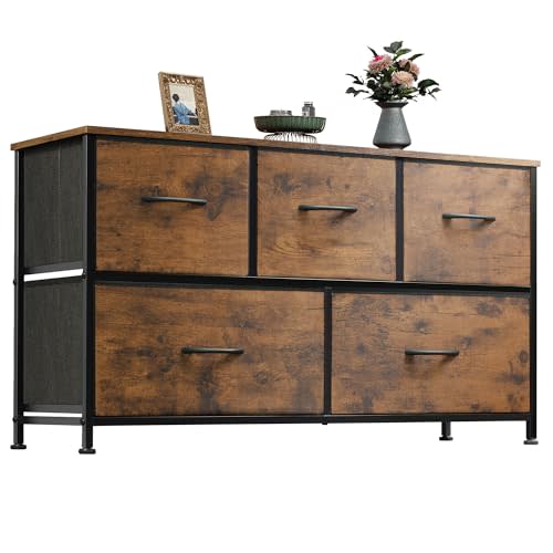 WLIVE Wide Dresser for Bedroom, 5 Drawer Chest of Drawers, Rustic Brown | 5 roomy fabric drawers, Wide storage design, Bedroom or closet use, Sturdy steel frame, Smooth wood tabletop