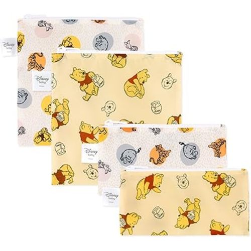 Bumkins - Cloth Snack & Sandwich Bags - For Storage, Travel, Food Prep, Lunch - Reusable, Water Resistant, Washable, Dishwasher Safe - Snack Bags for Kids - Zipper Closure - Winnie the Pooh - 4 Pack