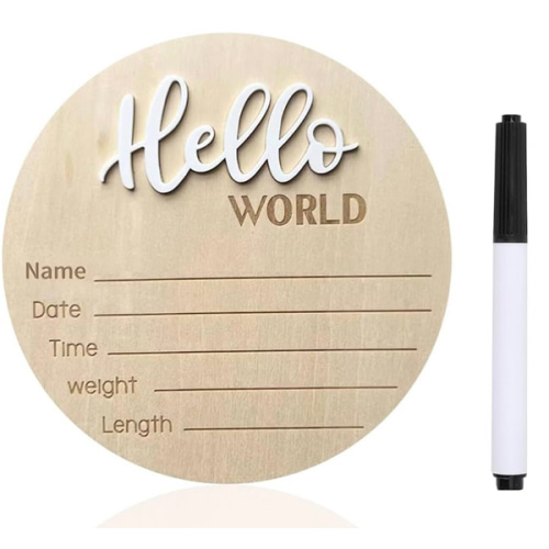 Baby Announcement Sign, ​5.9 Inch Wooden Hello World Newborn Signs, Birth Announcement Sign, Baby Shower Hospital Nursery for Newborn Boys and Girls (White,Pen)