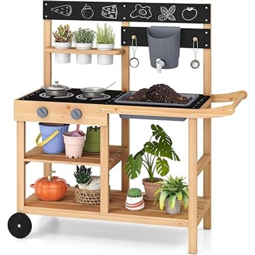 Costzon Mud Kitchen with Wheels, Wooden Kids Potting Bench with Planting Pots, Blackboard, Sink, Faucet, Cooking Accessories, Outdoor Play Kitchen for Backyard, Garden, Gift for Boys Girls
