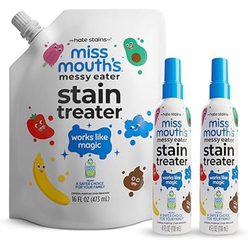 Miss Mouth’s Messy Eater Stain Treater Refill Ready Kit - 2 Pack Stain Remover Spray and 16oz Refill Pouch - Newborn & Baby Essentials - Food, Grease, Coffee Off Laundry, Underwear, Fabric
