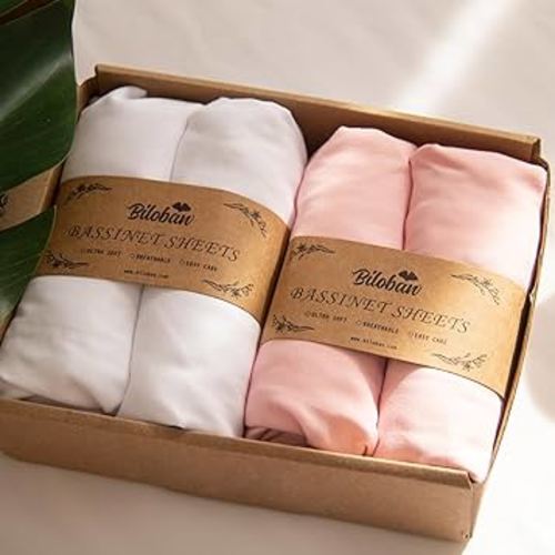 Baby Bassinet Sheets 4 Pack Compatible with 33" x 20" Mika Micky, Baby Delight, Dream On Me and Other Rectangle Bassinet Mattress, Ultra Soft & Skin Friendly, Washer & Dryer, Pink and White