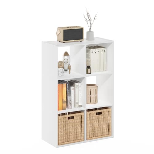 Furinno PELLI Book Shelf, 6-Cube Bookshelf with Open & Closed Back Cubes, 3 x 2 Storage Organizer Cabinet, 11.6 x 24.2 x 35.9, for Living Room, Bedroom, Home Office, White