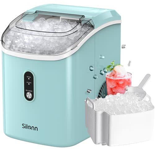 Nugget Ice Maker Countertop, Silonn Chewable Pellet Ice Machine with Self Cleaning Function, Pebble Portable Ice Maker with Ice Scoop for Home Kitchen Office, Green