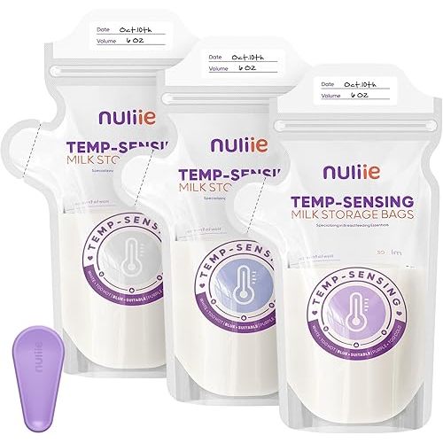 Nuliie 100pcs Temp-Sensing Breastmilk Storage Bag, Huge Temp-Sensing Icon & Locking Clamp, 6oz Breast Milk Storage Bags Freezer Pour Spout, Self Standing Milk Storage Bags Breastmilk, BPA-Free No-Leak