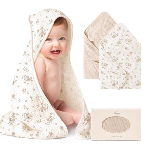Konssy 2-Pack 100% Muslin Cotton Hooded Baby Bath Towels for Boys and Girls | 32 x 32 In, Ultra-Soft & Absorbent, Bath Towels With Hooded for Infants Newborns Toddlers, Machine Washable (Cream, Blossom)