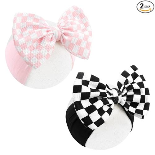 YanJie 2PCS 6’’ Light Pink Bows for Baby Girls Checkered Headband Black Bow Infants Toddler Hair Accessories Newborn Headbands Hair Bow Baby Clothes
