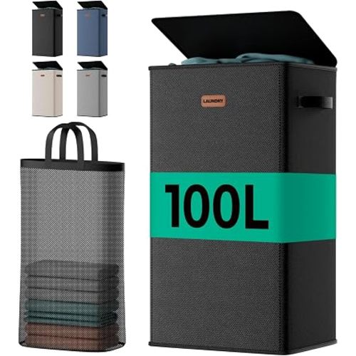100L Large Capacity Laundry Hamper, Collapsible Laundry Basket Space-Saving, Clothes Hamper with Lid and Removable Bag for Bathroom Bedroom Laundry Room Dorm