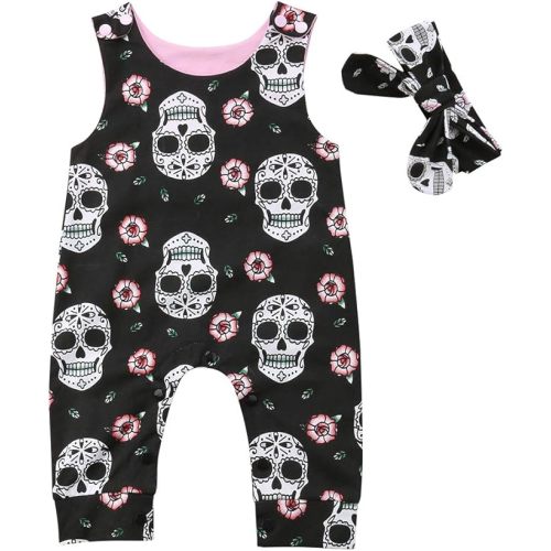Newborn Baby Girls Boys Skull Floral Romper Jumpsuit Sleeveless Bodysuit Playsuit Headband Halloween Outfit