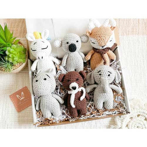 Cotton Crochet Amigurumi Stuffed Doll Animal Toys Unicorn Deer Bear Koala Hippo Natural Wood Teether,Photo Prop,Unique Newborn Baby Gift