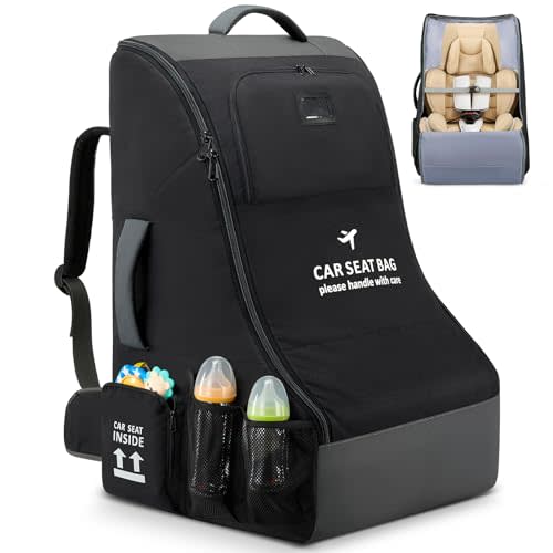 RAINSMORE Padded Car Seat Travel Bag for Airplane Car Seat Backpack, Black | Fits Infant Carrier & Boosters, Heavy-Duty Car Seat Cover for Air Travel Gate Check Carrier Bags for Airport with Side Pocket