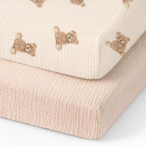Organic Pack and Play Sheets Fitted 38”x26” 100% Muslin Cotton, Mini Crib Sheets Compatible with Graco/hiccapop/YENING/Dream On Me/Babylicious Pack N Play Mattress, Playard Bedding Sheet Bed Cover