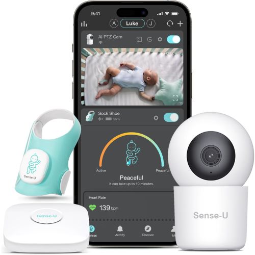 Sense-U Baby Sock Monitor Bundle with 2.5K PTZ Camera, AI Cry Detection