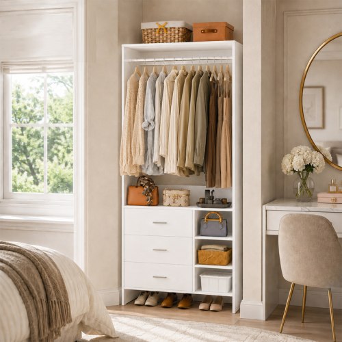 30''W Closet System with 3 Wooden Drawers and Hanging Rod, Freestanding 2.5FT Walk-in Closet Organizer Bedroom Armoire Wardrobe with Storage Shelves,dorm essentials,home decor - TikTok Shop