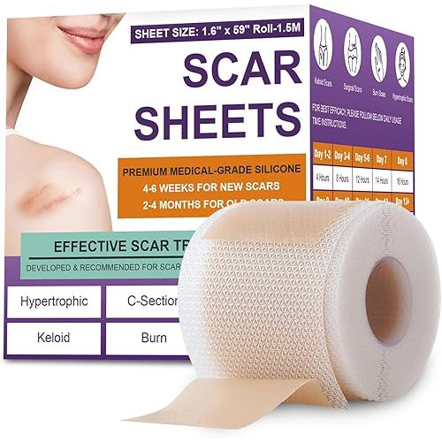 Silicone Scar Sheets,Silicone Scar Tape,Silicone Scar Removal Strips for Surgical,C-Section,Tummy Tuck,Keloid Scars (1.6"X 59" Roll-1.5M) Keloid Bump Removal