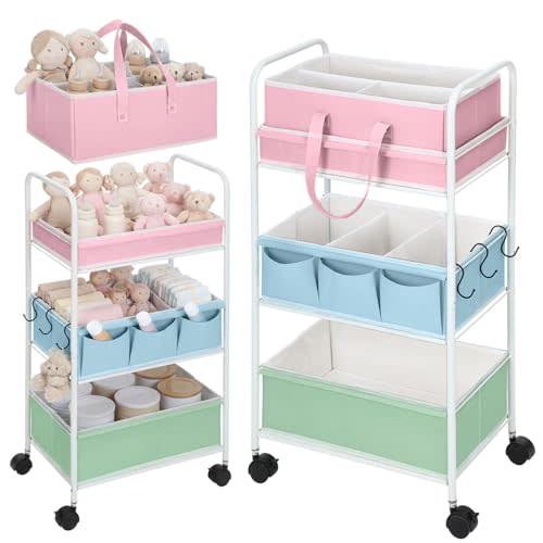 Honeydak 2in1 Baby Diaper Caddy Organizer Cart 3 Tier Large Capacity Metal Utility Bedside Rolling Cart with Divider Newborn Registry Nursery Essential Must Have Crib Bedroom Baby Shower(Colorful)
