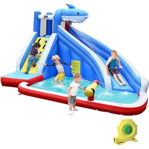 BOUNTECH Inflatable Water Slide, Shark Water Slide Park Jump Castle Bounce House w/Climbing, Water Cannon, Splash Pool, Blower, Backyard Party Outdoor Blow up Shark Water Slides Inflatables for Kids