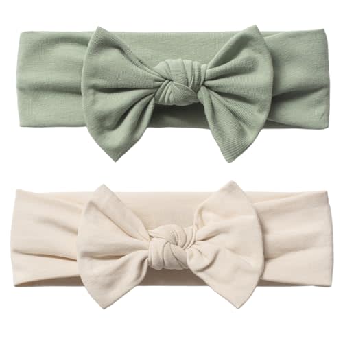 Baby Girl Headbands-Infant,Toddler Cotton Handmade Hairbands with Bows Child Hair Accessories (2, Light Beige-Linden Green, 3-36 Month)