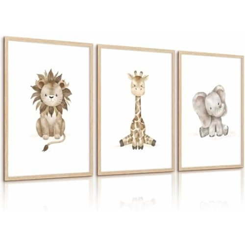 Safari Nursery Wall Art Baby Animal Wall Decor Boy Room Poster Jungle Animal Prints Kids Nursery Pictures Elephant Lion Giraffe Art Painting Neutral Artwork for Girl Room Un