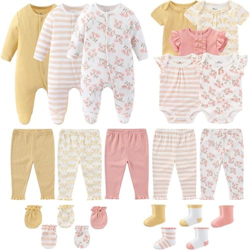 Newborn Baby Boy Girl Clothes Cotton Ribbed Mix Unisex Infant Bodysuit Pant Outfits 23 Pcs Layette Gift Set