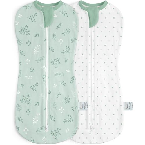 Baby Swaddle 0-2 Months, Cotton Arm-In Zipper Sleep Sack, Wearable Blankets Wrap for Newborn Infant Girls, Boys (Green Leaves, Polka Dots, Pack of 2)