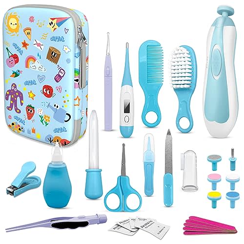 JIFTOK Baby Healthcare and Grooming Kit, 30 in 1 Baby Electric Nail Trimmer Set, Newborn Nursery Care Kit, Baby Essentials Set with Hair Brush Comb, Nail Clippers for Infant Toddlers Boys Girls (Blue)