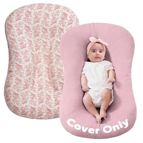 FUNUPUP Muslin Baby Lounger Cover Only, Pink & Pink Leaves | 100% Muslin Cotton Soft Breathable Easy On/Off Envelope Closure Machine Washable Easy-Clean Protector Neutral Colors