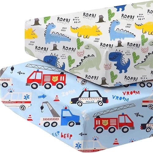 Crib Sheets for Boys and Girl, Fitted Crib Sheet 52'' X 28'' for Standard Crib - 100% Natural Cotton Fitted Portable Neutral Toddler Sheets, Car and Dinosaur