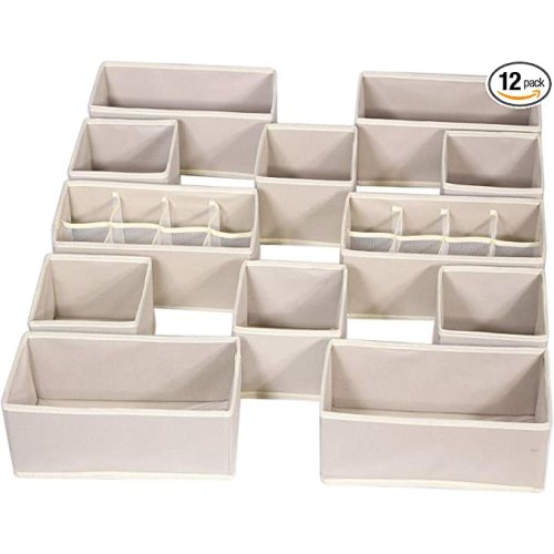 12 Pack Foldable Drawer Organizer Dividers Cloth Storage Box Closet Dresser Organizer Cube Fabric Containers Basket Bins for Underwear Bras Socks Panties Lingeries Nursery Baby Clothes Beige NN246