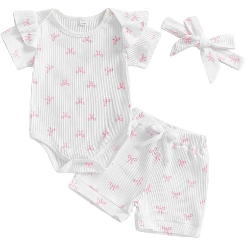Mubineo Baby Girl Summer Clothes Cute Bowknot Romper Shorts Outfits Ruffle Short Sleeve Bodysuit Tops Newborn Set Outfit