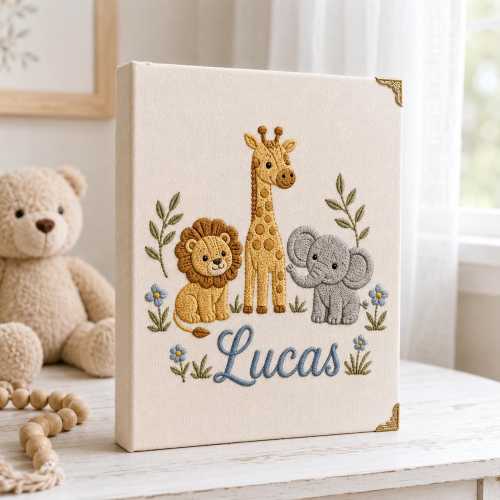 Custom Safari Animals Baby Name Embroidered Photo Album, Personalized Jungle Animal Memory Book, Nursery Keepsake, Newborn Gift