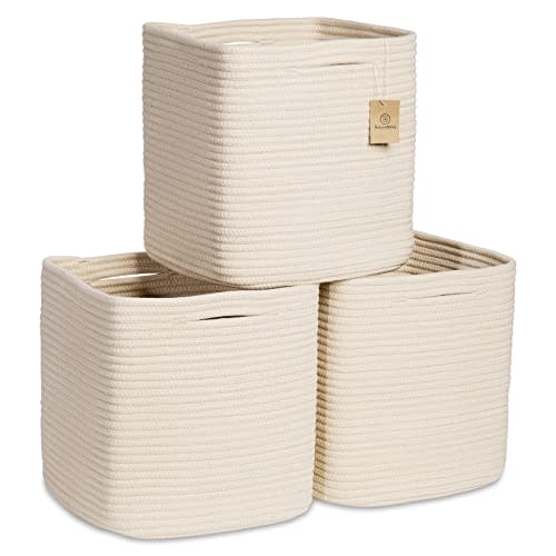 NaturalCozy Storage Cubes 11 Inch Cotton Rope Woven Baskets for Organizing, 3-Pack | Cube Storage Bin | Square Storage Baskets for Shelves Organizer, Classroom, Kids Toy Bins, Closet, Baby Nursery