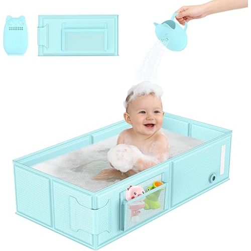 YomauiYee Baby Bathtub, Foldable Toddler Tub with Rinse Cup, 2-in-1 Portable Collapsible Baby Bath Tub for 6M-5Y, No Assembly, Space Saving for Travel, Hotel, Camping