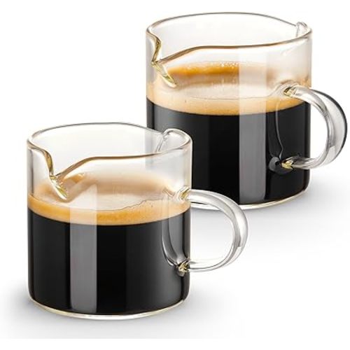 Qipecedm Espresso Cups Set of 2, 4 OZ Double Spouts Cups, Shot Glasses, Milk Cup with Handle, Clear Glass, Espresso Accessories for Machine, Small
